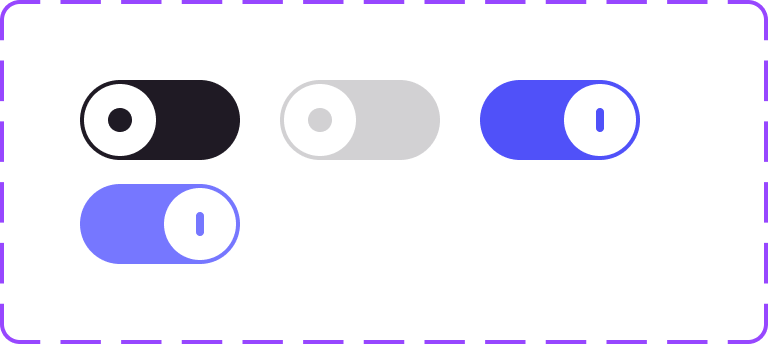 Four toggle variants in black, light grey, indigo with a white knob, and a lighter indigo