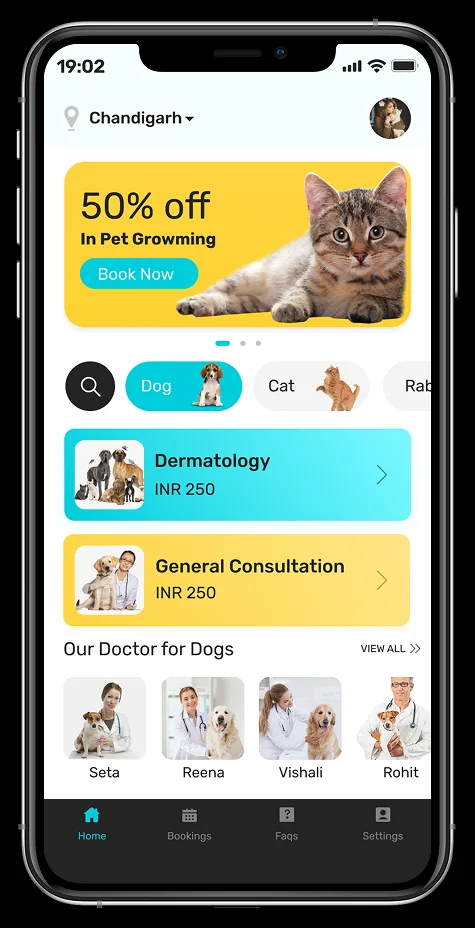 Final home screen with location, promotional banner, species chips, service cards priced at INR 250 and a list of vets