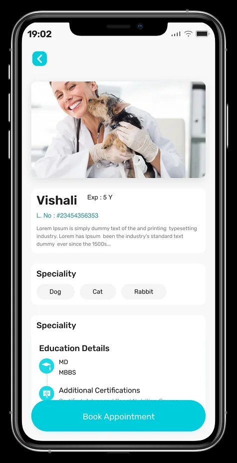 Final vet profile screen showing experience, licence number, species treated and education