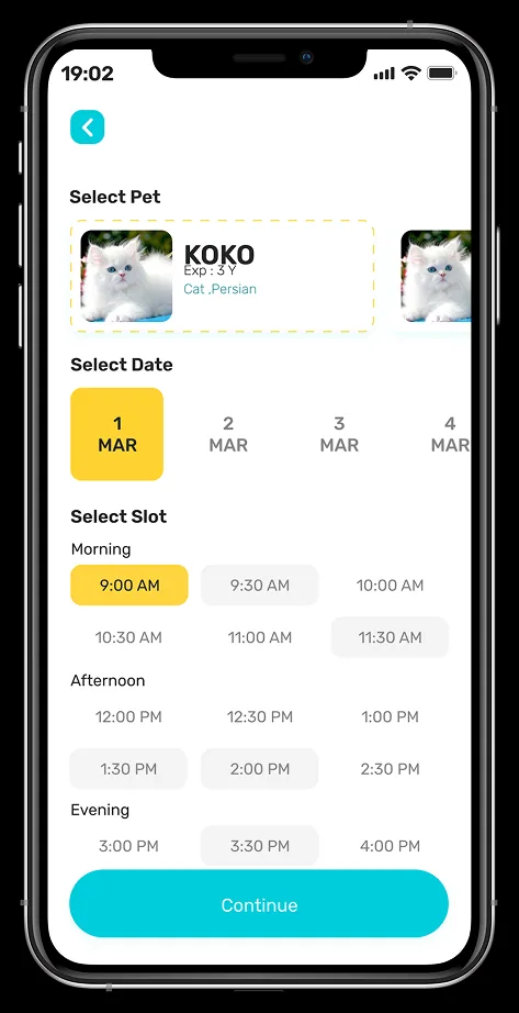 Final booking screen with pet selection, date strip and morning, afternoon and evening slots