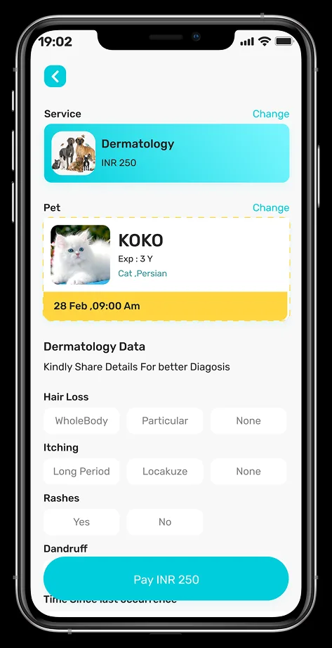 Final confirmation screen showing selected service, pet, and structured dermatology questions before payment