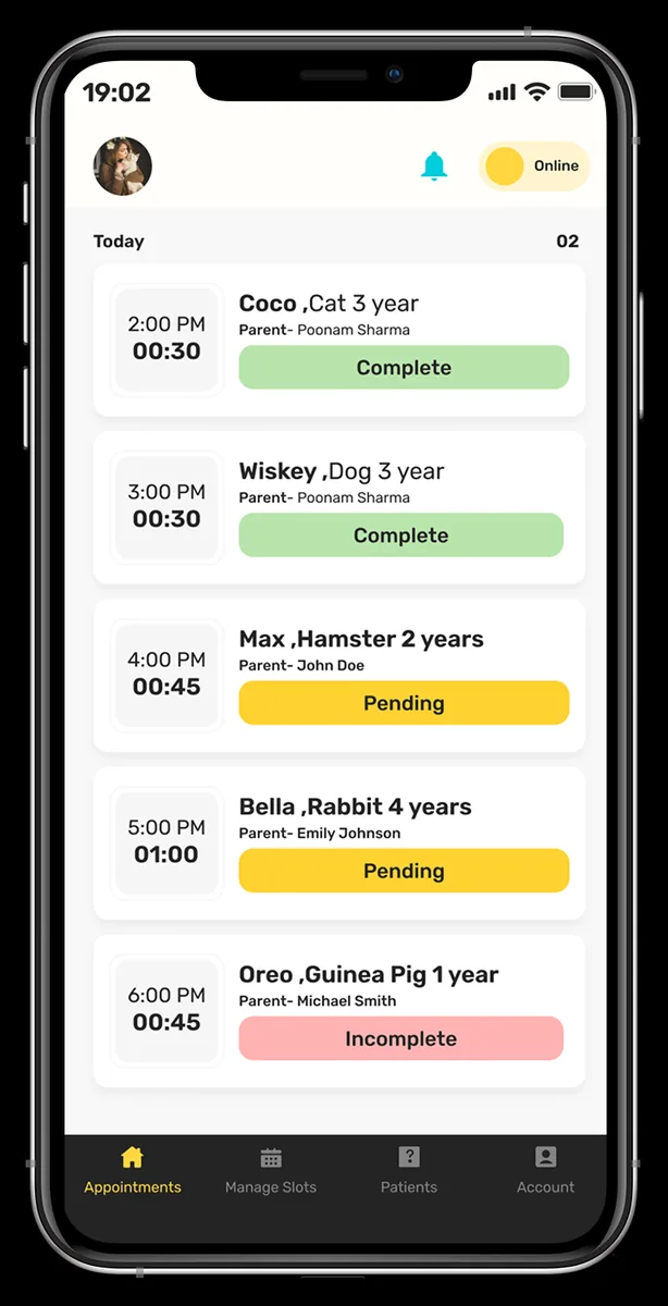 Vet appointments screen listing today's pets with owner names, durations and complete, pending or incomplete status