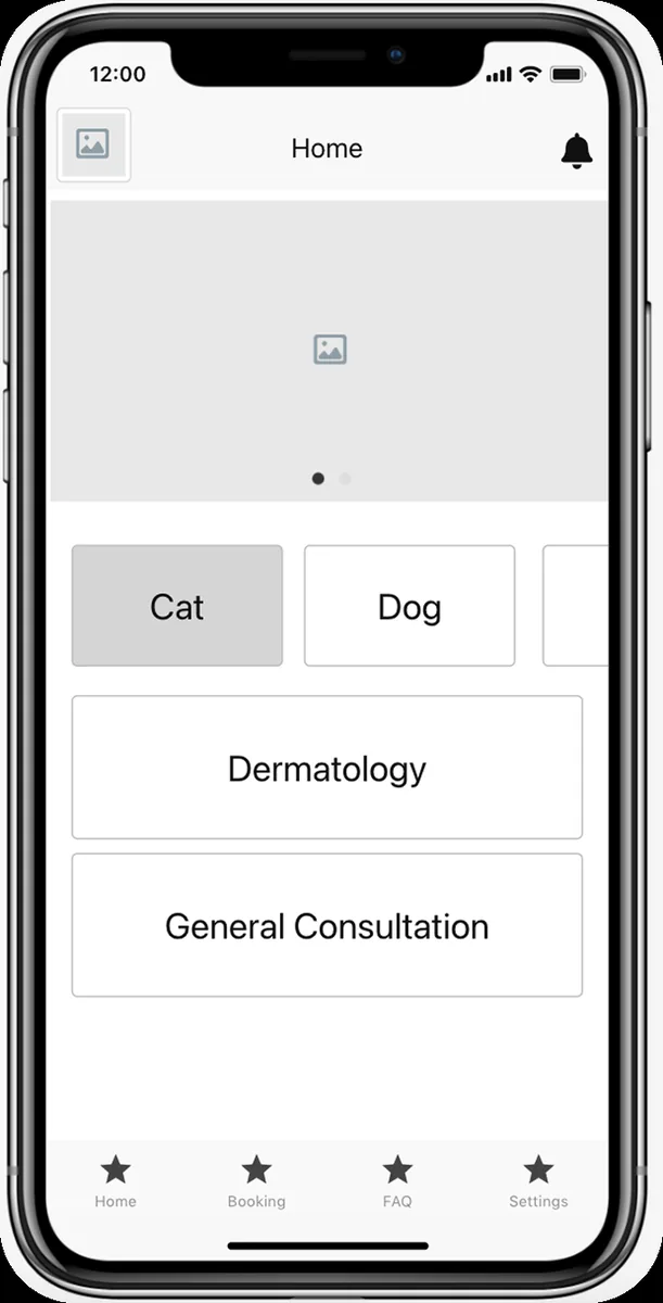 Low fidelity wireframe of the home screen with species filter and service categories