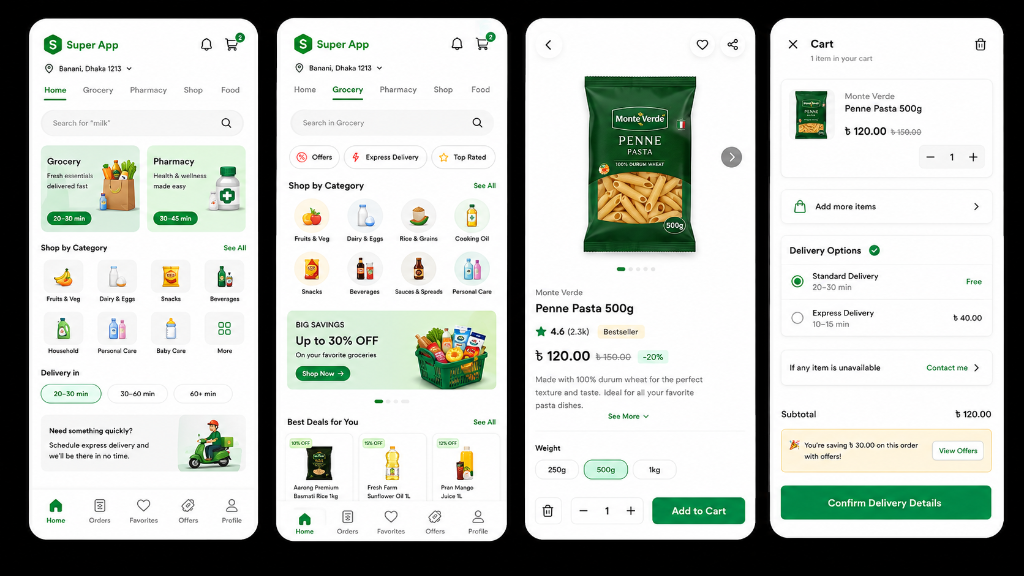 Modular Super App customer app showing multi-service discovery, product details and checkout