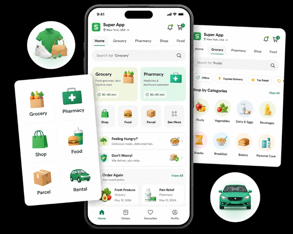 Modular Super App customer app concept showing grocery, pharmacy, shop, food, parcel and rental modules