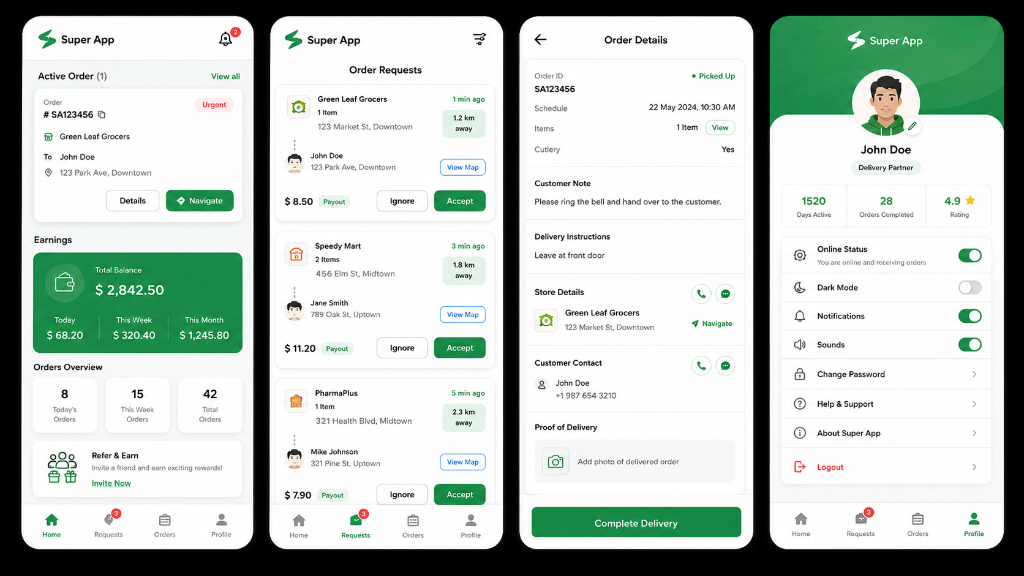 Modular Super App delivery app showing dashboard, order requests, order details and rider profile